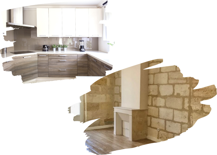 Rénovation d'une cuisine moderne et restauration d'un mur en pierre apparente à Bordeaux